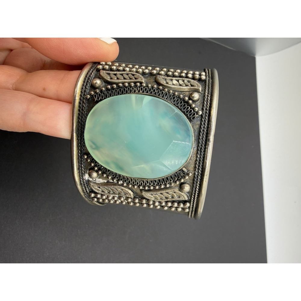 Vintage Cuff Bracelet Chucky Large Boho Silver Tone Glass Stone